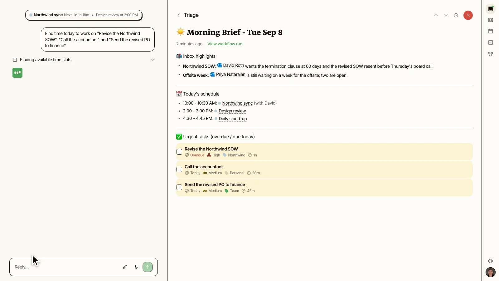 Kai's chat with the request to find time today for the three tasks, and a status line reading Finding available time slots.