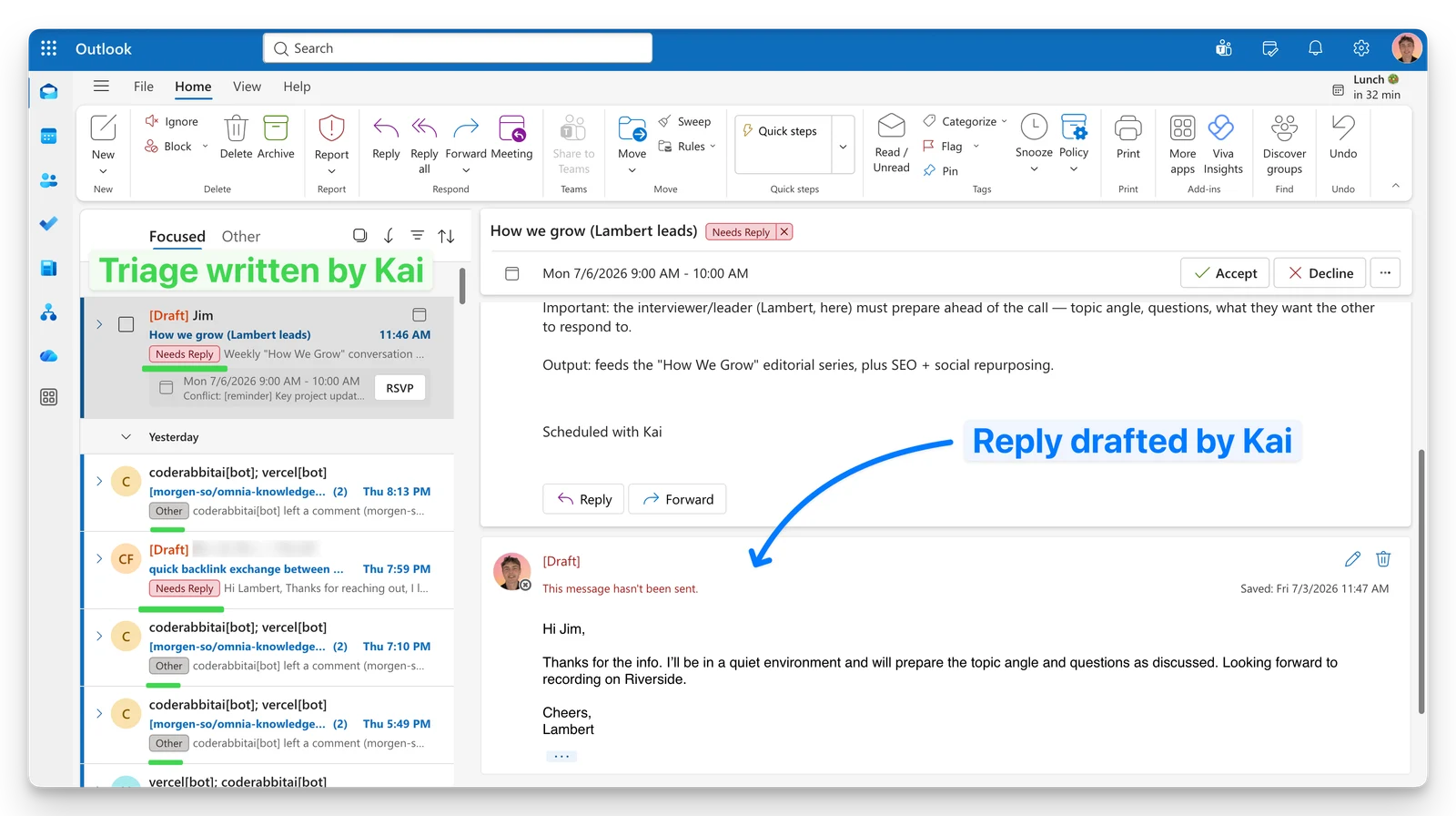 My real Outlook web inbox with Kai's triage written onto the threads: red Needs Reply and gray Other categories on actual messages, and a reply to a colleague already drafted by Kai, saved and marked as not yet sent