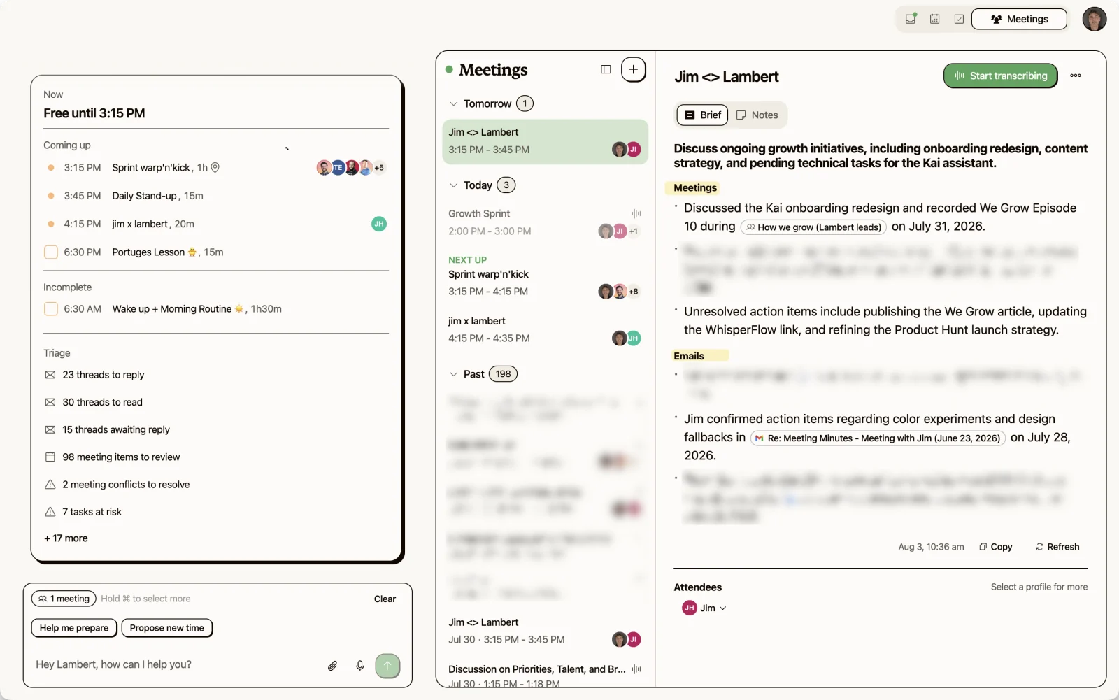 Kai's Brief tab for a meeting scheduled the next day, showing the meeting's purpose, prior meetings cited by name and date, unresolved action items, and email threads