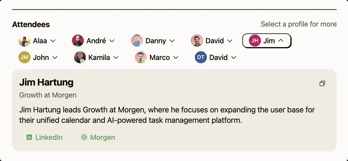 Kai's attendee row with one profile expanded, showing role, company, a short bio and links