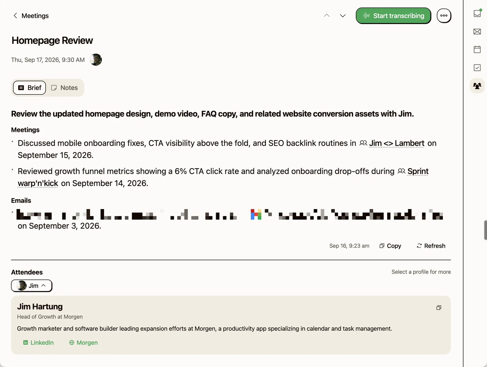 Kai's Brief tab for a homepage review with Jim the next morning: a one-line purpose, two earlier meetings cited by name and date, one email thread with its subject pixelated, and Jim's attendee profile with his role, a short bio and links