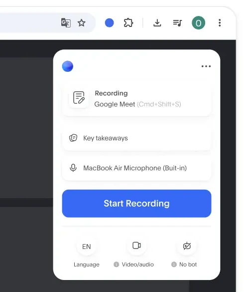 Bluedot's Chrome extension popup over a Google Meet tab, set to record Google Meet with key takeaways and the MacBook microphone, above a Start Recording button and English, video/audio and No bot options.