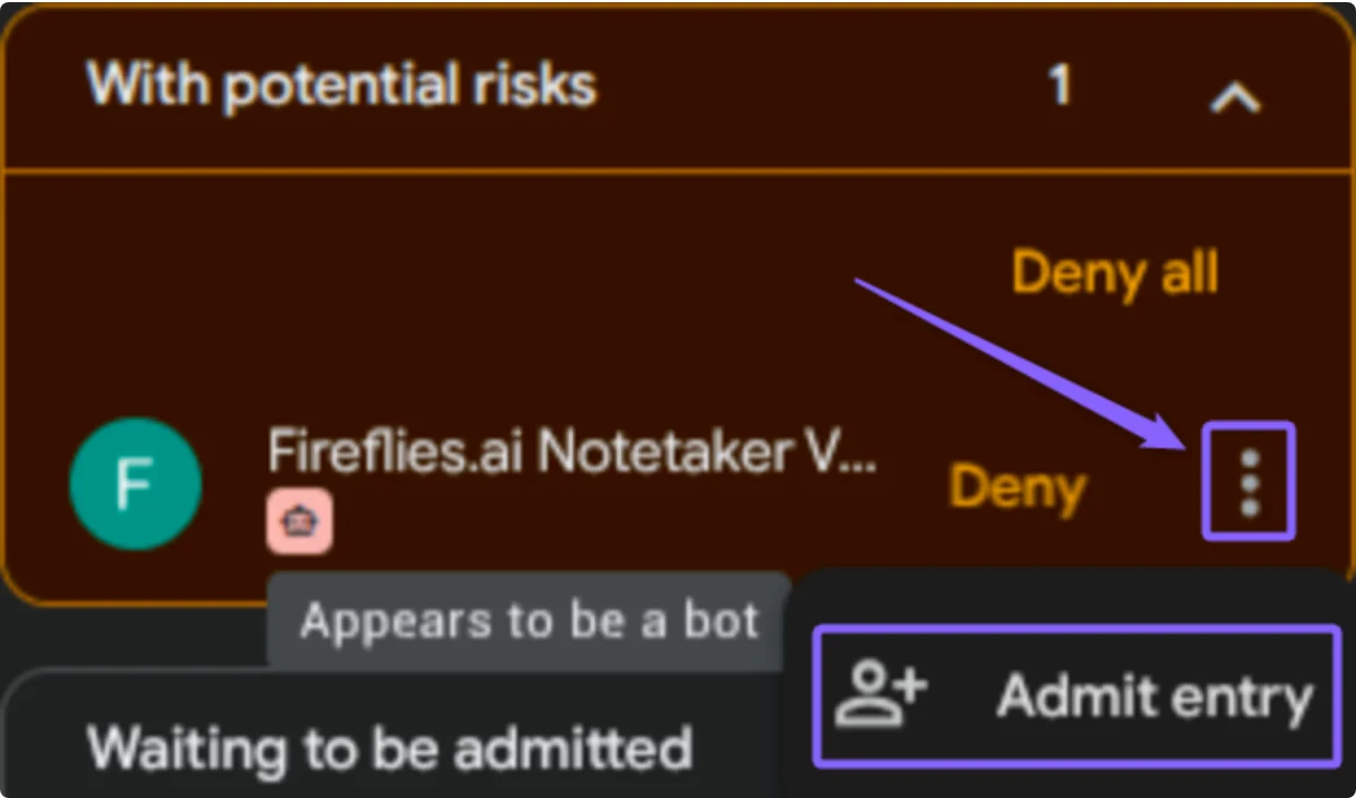 Google Meet's waiting list showing the Fireflies.ai Notetaker under With potential risks, tagged Appears to be a bot, with the host's Deny, Deny all and Admit entry options.