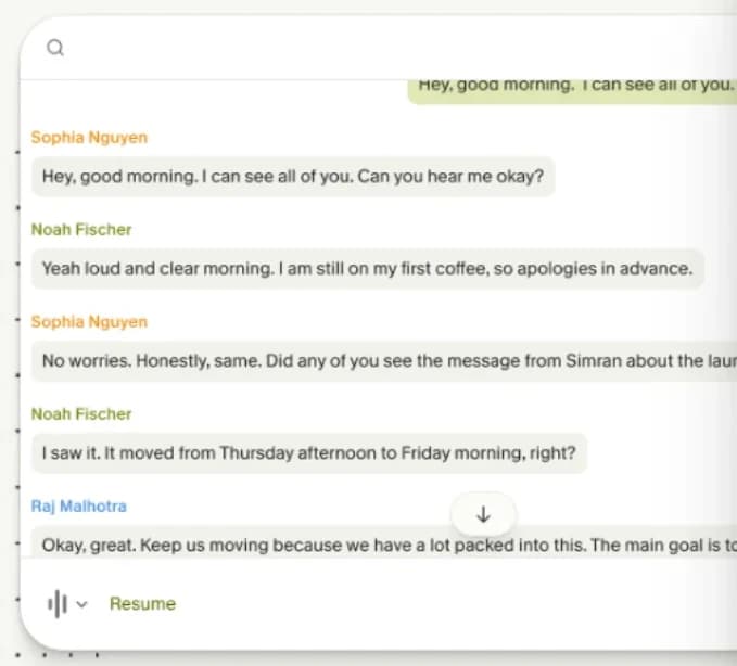 Granola's meeting transcript window, from the Chrome Web Store listing of its browser extension, with every message tagged by the speaker's name: Sophia Nguyen, Noah Fischer and Raj Malhotra.
