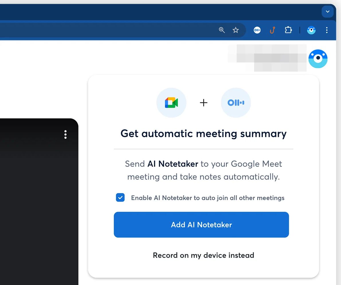 Otter's Chrome extension panel on a Google Meet pre-join screen: Get automatic meeting summary, an auto-join checkbox, an Add AI Notetaker button that sends the bot, and Record on my device instead for no bot.