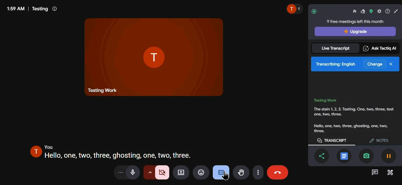 Tactiq's side panel on a Google Meet call with captions turned on, copying Meet's caption line into its live transcript, set to Transcribing: English, with a free-plan banner showing 9 free meetings left this month