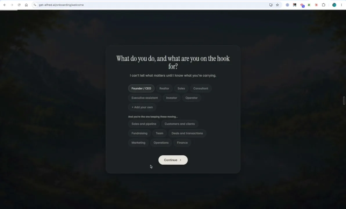 The first screen of alfred_'s onboarding, one question per screen before any account is connected