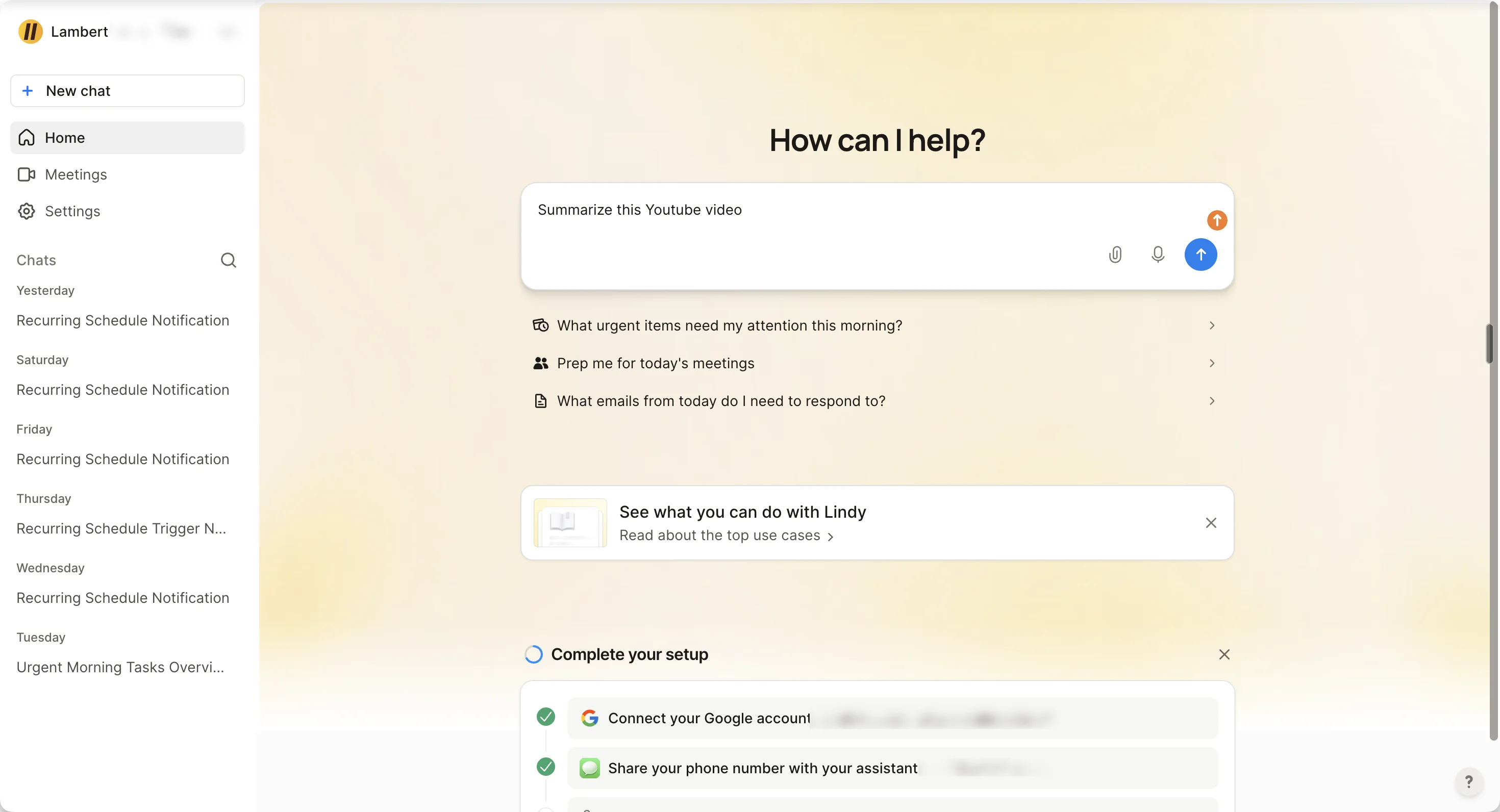 Lindy's web home, where the chat history is the same recurring schedule notification every day