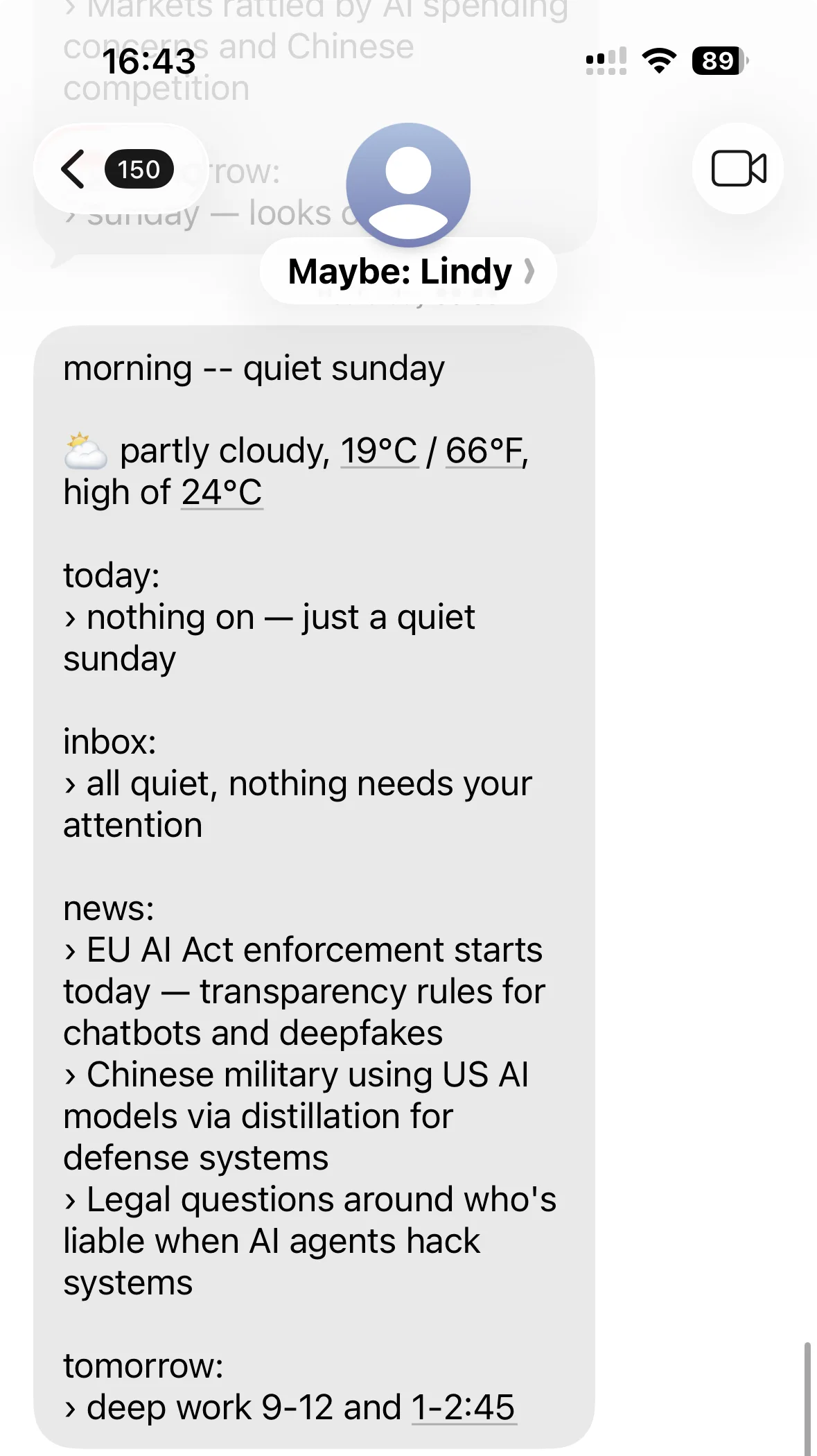 Lindy's morning brief arriving as a text message: weather, today's calendar, inbox status, news, and tomorrow's blocks