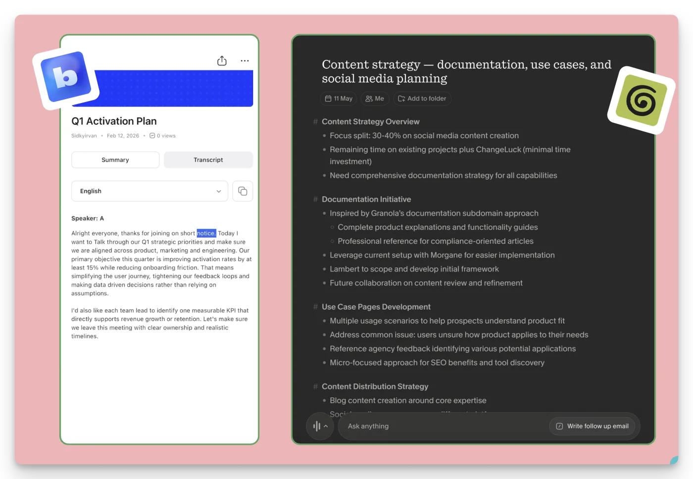 Bluedot and Granola side by side: Bluedot's Summary and Transcript tabs on the left, Granola's structured hybrid note with an Ask anything bar on the right