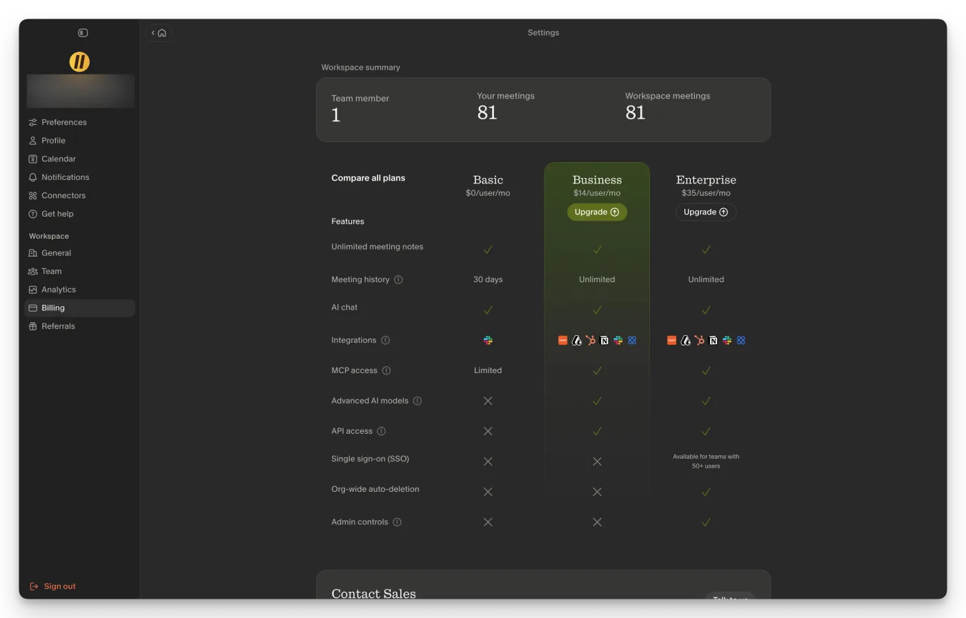 Granola's in-app plan comparison: Basic free keeps 30 days of meeting history, Business at $14/user/mo unlocks unlimited history and full integrations