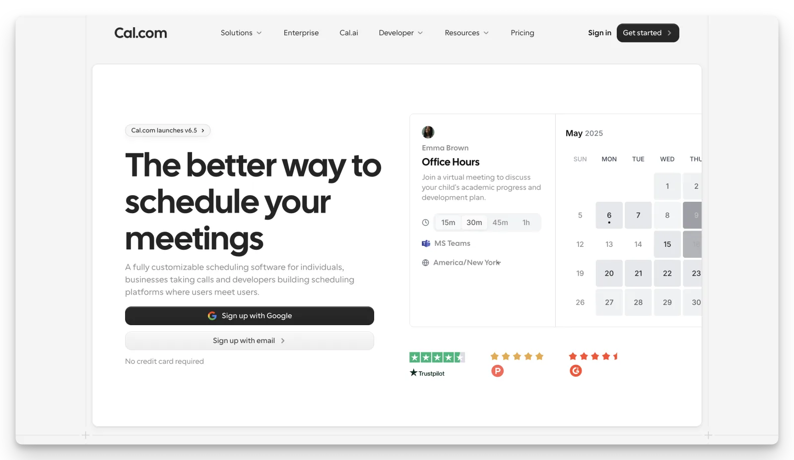 Cal.com's homepage with the open-source scheduling pitch and developer-first positioning