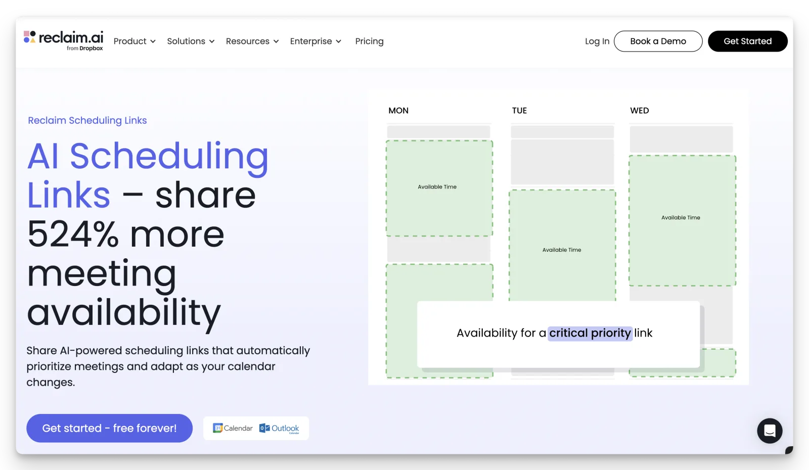 Reclaim AI's AI-scheduling marketing page, pitching auto-scheduled focus time and tasks placed on the calendar