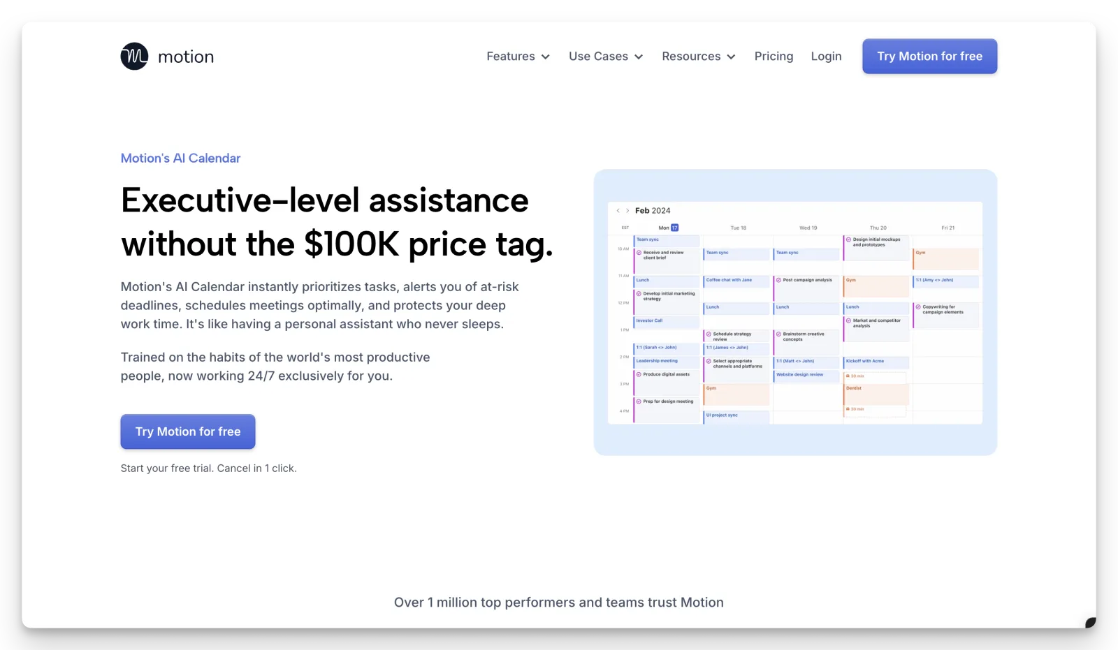 Motion's day view with tasks placed into real time blocks on the calendar