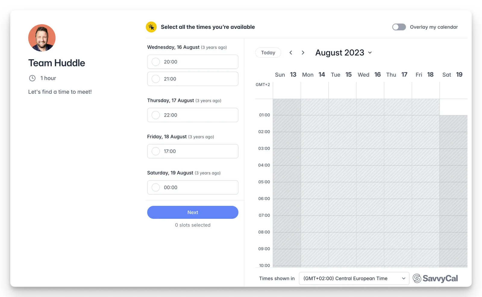 SavvyCal's signature calendar-overlay UX where the invitee's calendar sits on top of yours so both sides find mutual availability instantly