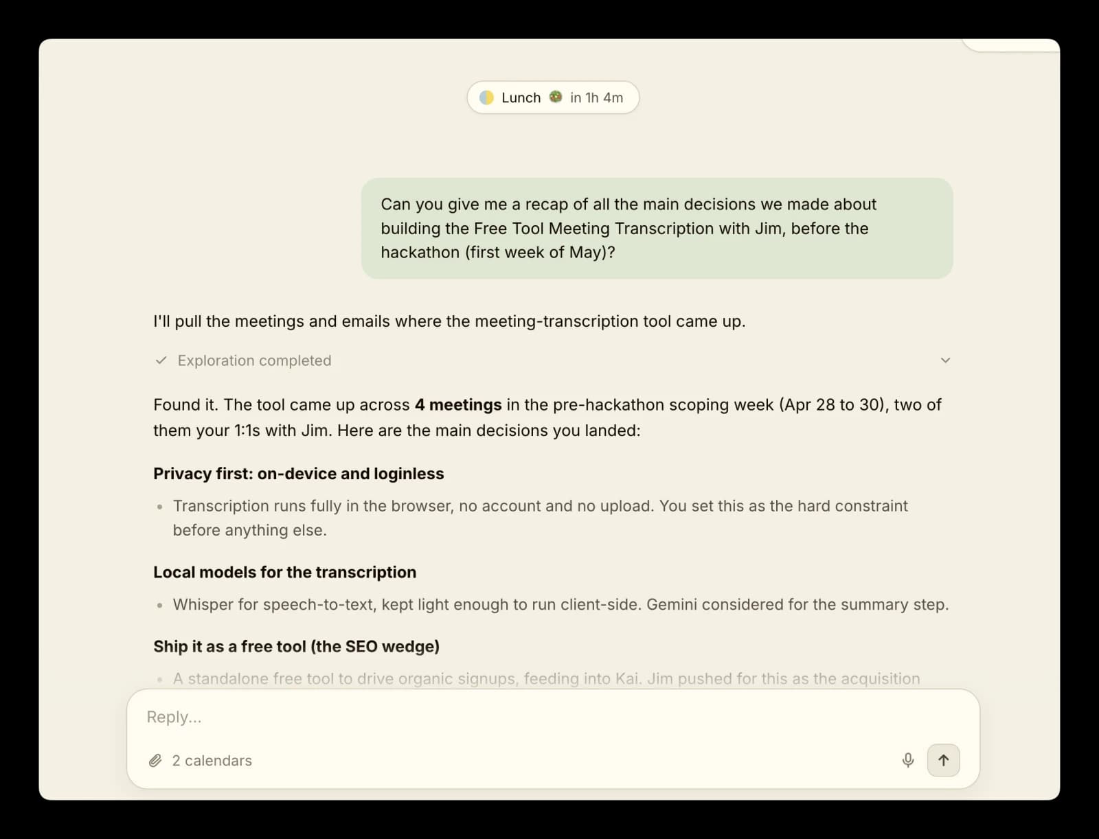 Kai answering a plain-language question by pulling the main decisions made about the meeting-transcription tool across past meetings and emails