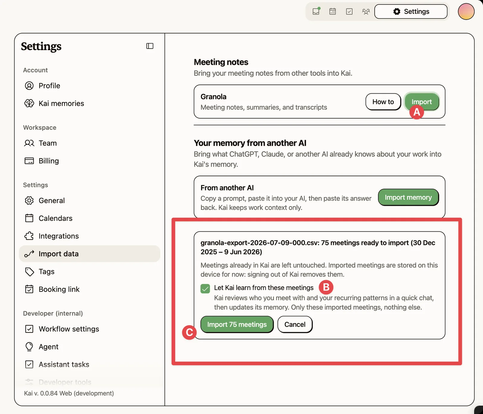 Kai confirming a real Granola import: 75 meetings spanning December 2025 to June 2026, with a checkbox to let Kai learn from them and a note that imports are stored on the device for now