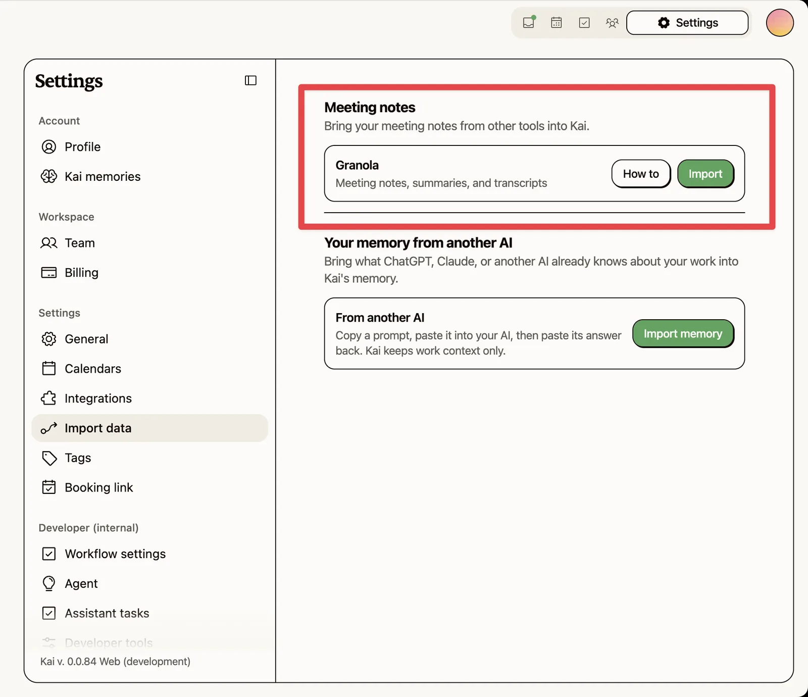 Kai's Import data settings, where a Granola export is brought in with one click alongside meeting notes from other tools