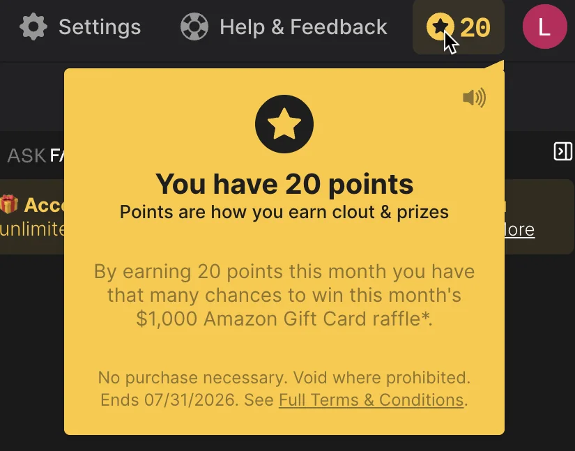 Fathom's in-app rewards popup during our test: 20 points and a monthly $1,000 Amazon Gift Card raffle, surfaced inside a B2B meeting tool.