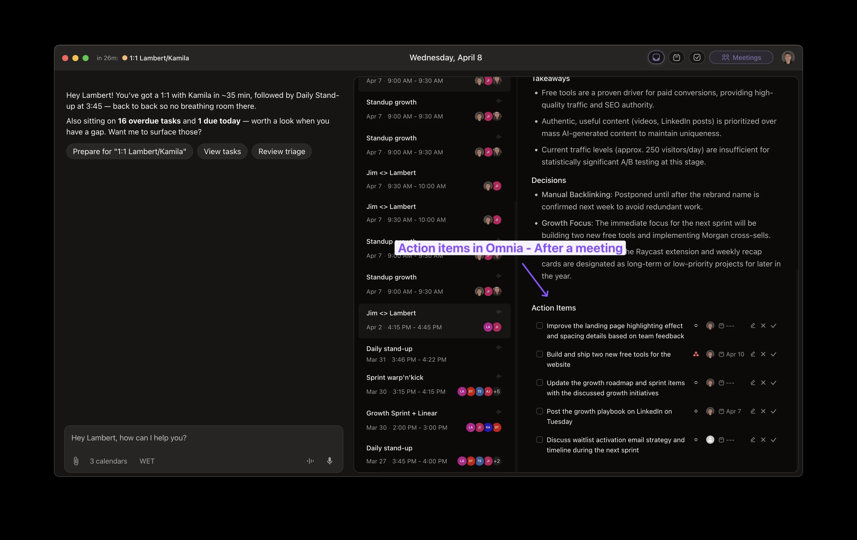 Kai post-meeting view: extracted action items with assignees and due dates, ready to route into tasks.