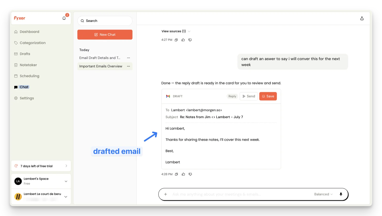 Fyxer's chat returning a drafted reply, ready to review and send
