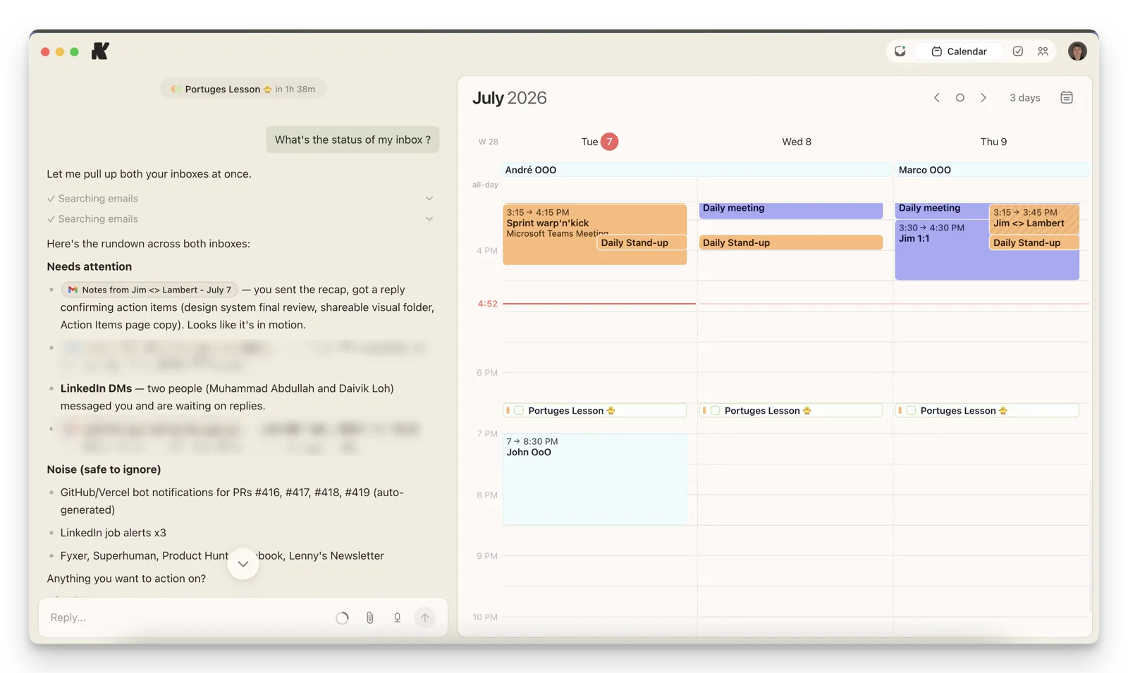 Kai's morning rundown across two inboxes: needs-attention emails with context, noise filed as safe to ignore, next to the day's calendar