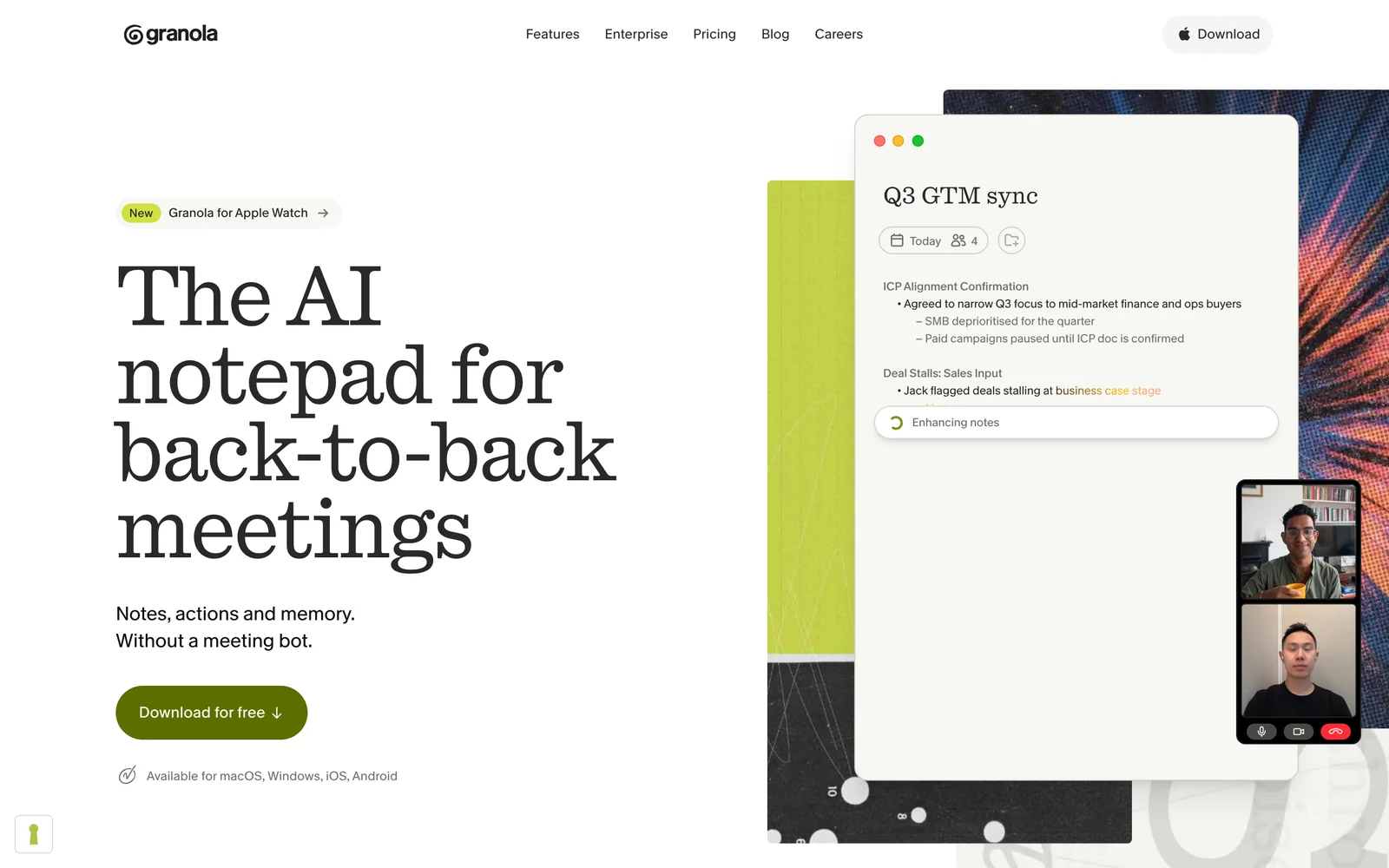 Granola's homepage, captured 2026-09-03: "Notes, actions and memory. Without a meeting bot", a Download for free button, and the platform line reading "Available for macOS, Windows, iOS, Android"