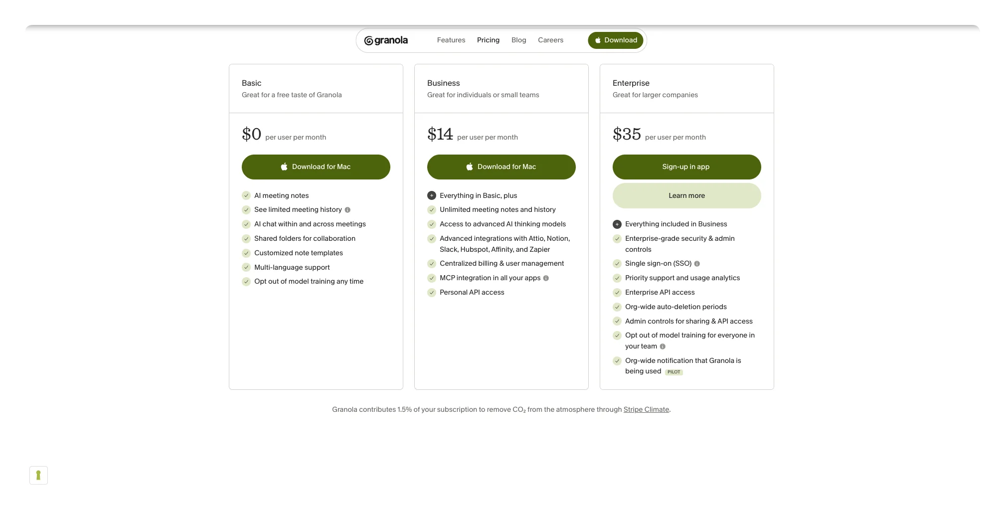Granola pricing page showing Basic, Business and Enterprise tiers