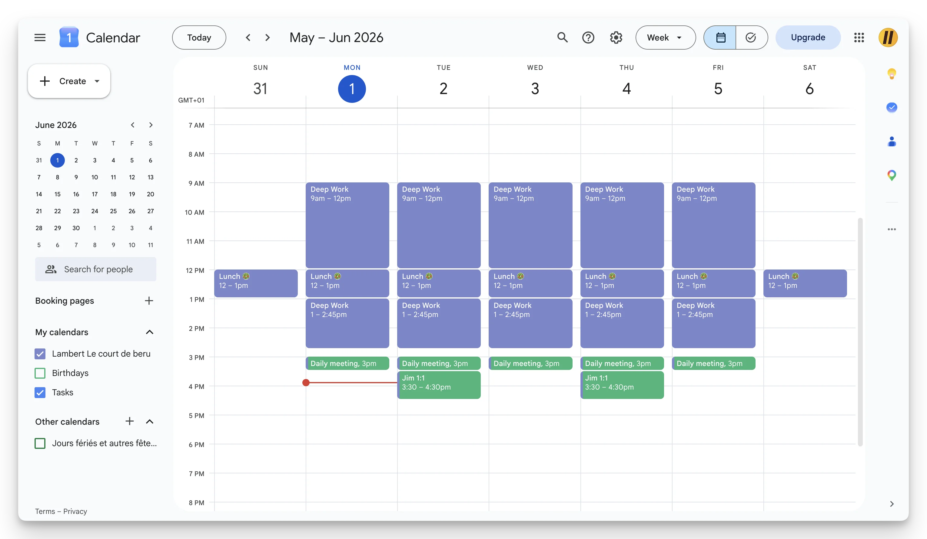 A real Google Calendar week showing deep work blocks from 9am to 12pm and 1pm to 2:45pm every weekday, with the daily standup and 1:1s clustered into a single afternoon window starting at 3pm