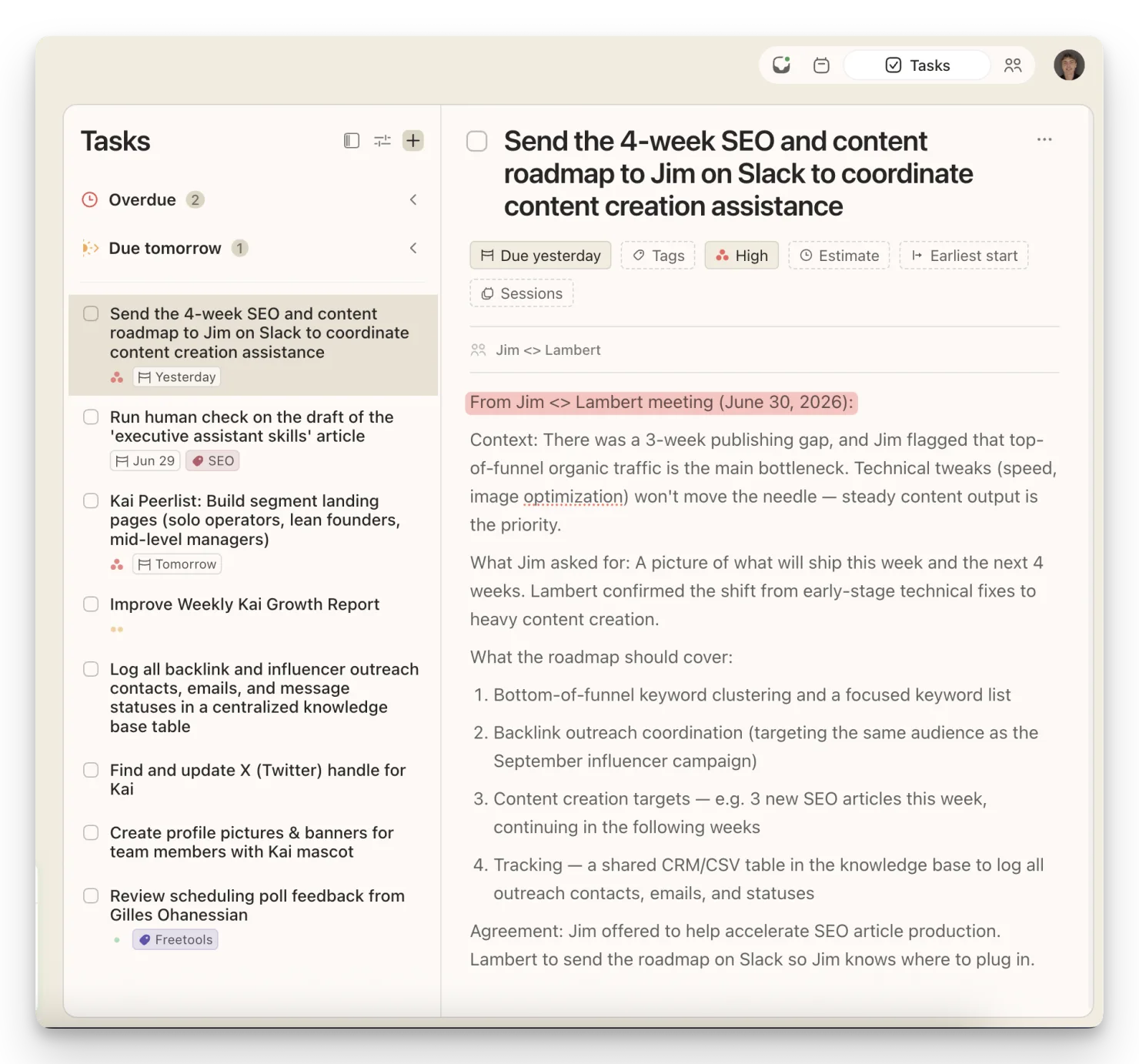 A meeting action item turned into a Kai task, carrying the owner, the due date, and the context of the conversation it came from