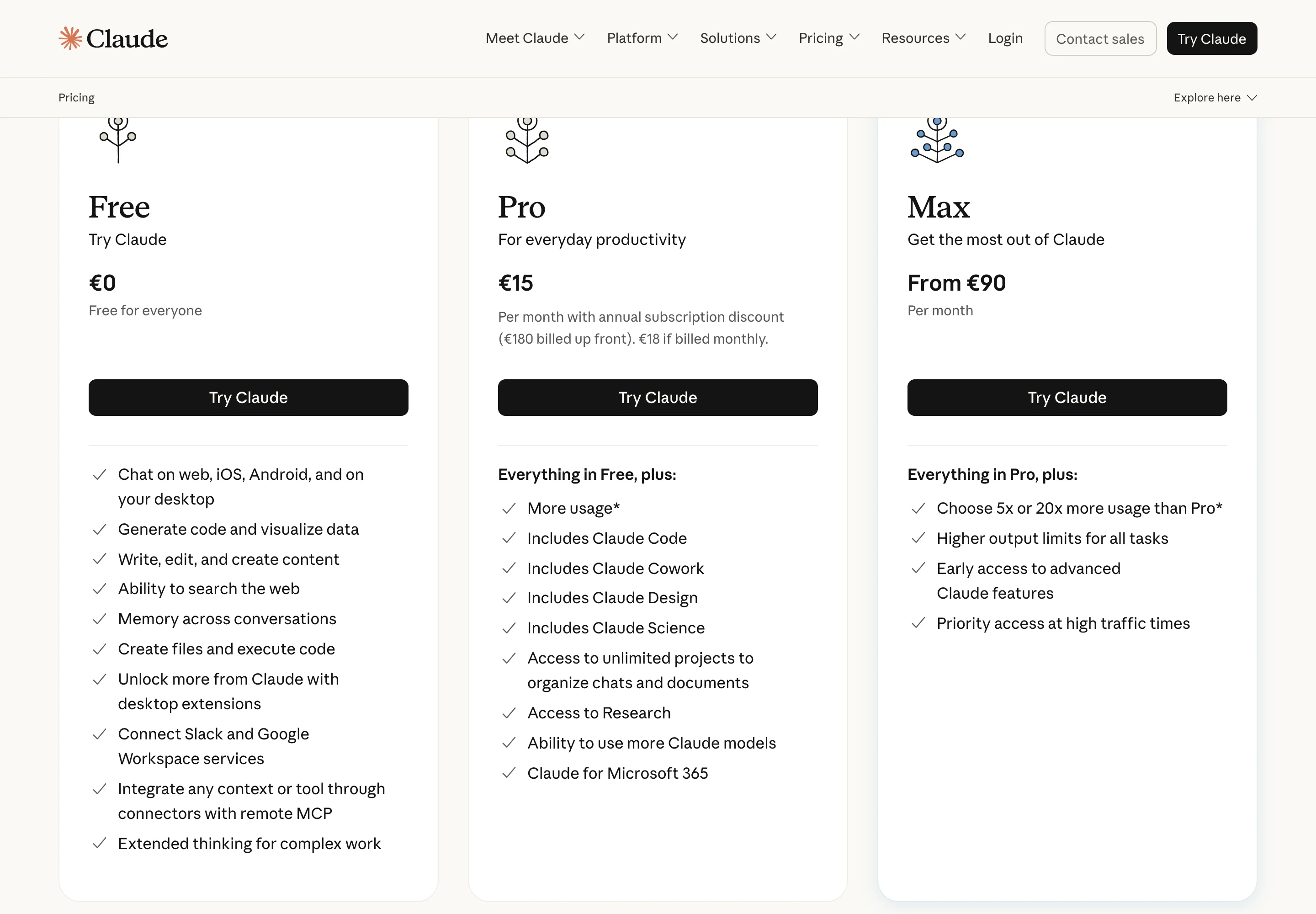 Screenshot of the Claude pricing page taken on 10 September 2026 from a European connection, showing three plan cards. Free at 0 euros lists chat on web, iOS, Android and desktop, memory across conversations, connecting Slack and Google Workspace, and remote MCP connectors. Pro at 15 euros a month on annual billing, or 18 euros monthly, lists unlimited projects, Research, more Claude models and Claude for Microsoft 365. Max from 90 euros a month lists a choice of 5x or 20x more usage than Pro, higher output limits, early access and priority at high traffic times.