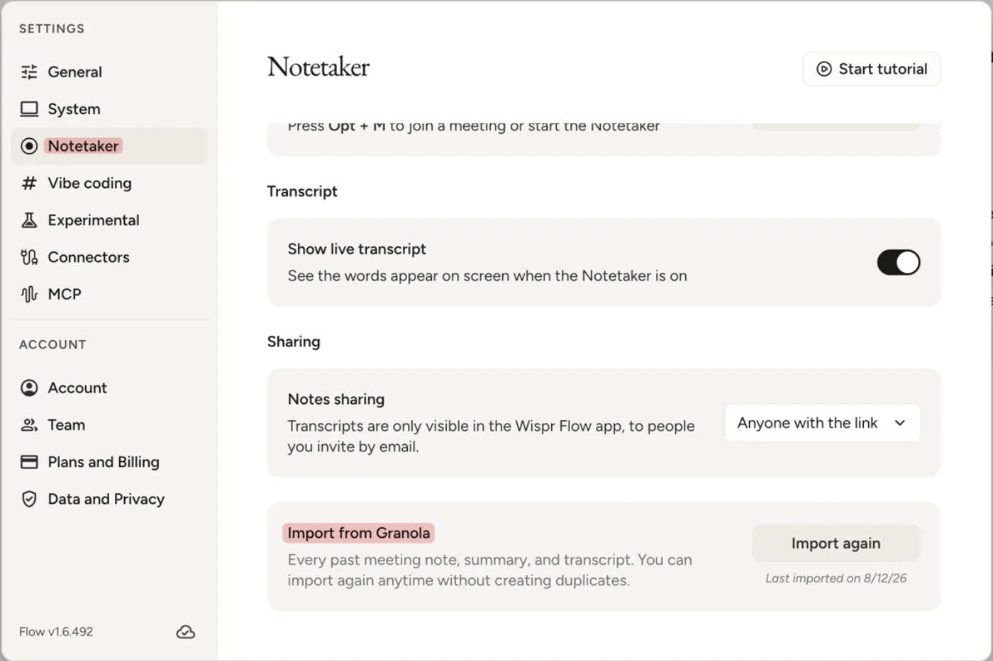 Wispr Flow settings, Notetaker tab, showing Import from Granola with an Import again button and the date of the last import