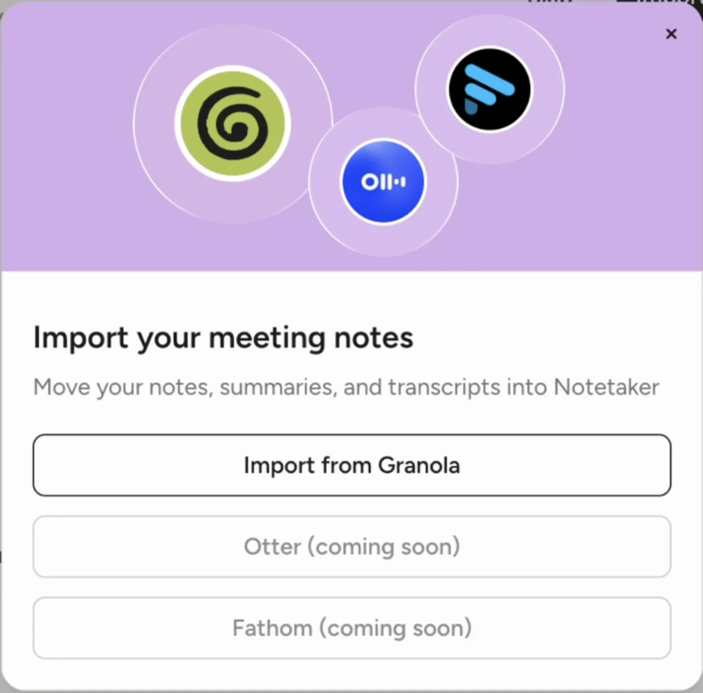 Wispr Flow's import modal, offering Import from Granola with Otter and Fathom listed as coming soon