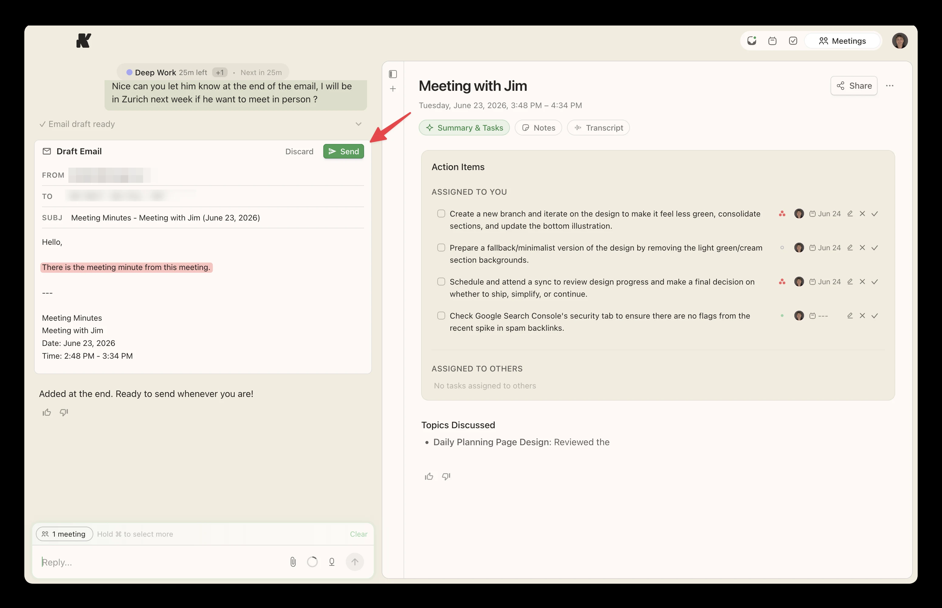 Kai right after a meeting: the Summary and Tasks view lists the extracted action items with owners and due dates, and in the chat a draft email titled Meeting Minutes is ready to send to the participants, updated with a personal line the author asked Kai to add