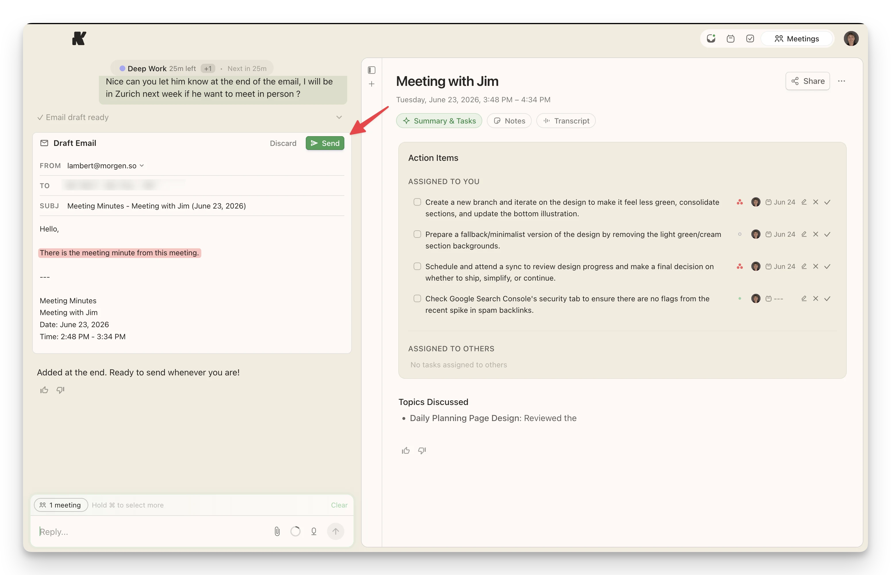Kai right after a meeting: the Summary and Tasks view lists the extracted action items with owners and due dates, and in the chat a draft email titled Meeting Minutes is ready to send to the participants, updated with a personal line the author asked Kai to add