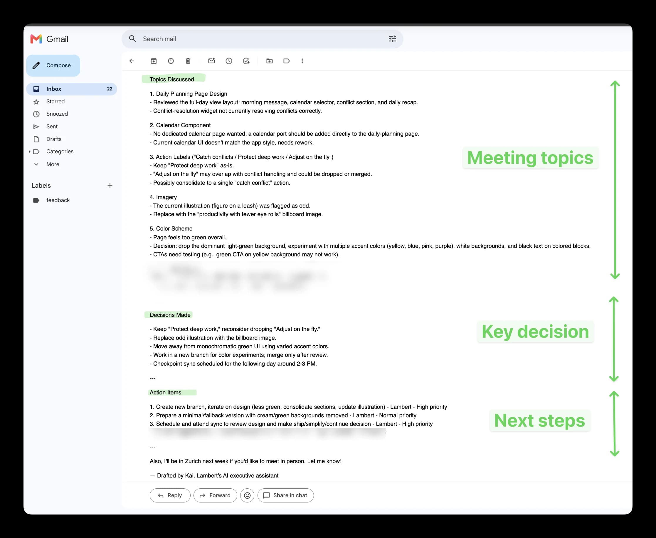 The recap email as participants receive it in Gmail: Topics Discussed with one short block per topic, Decisions Made as a short list, and Action Items with owner and priority, ending with a personal line about meeting in Zurich