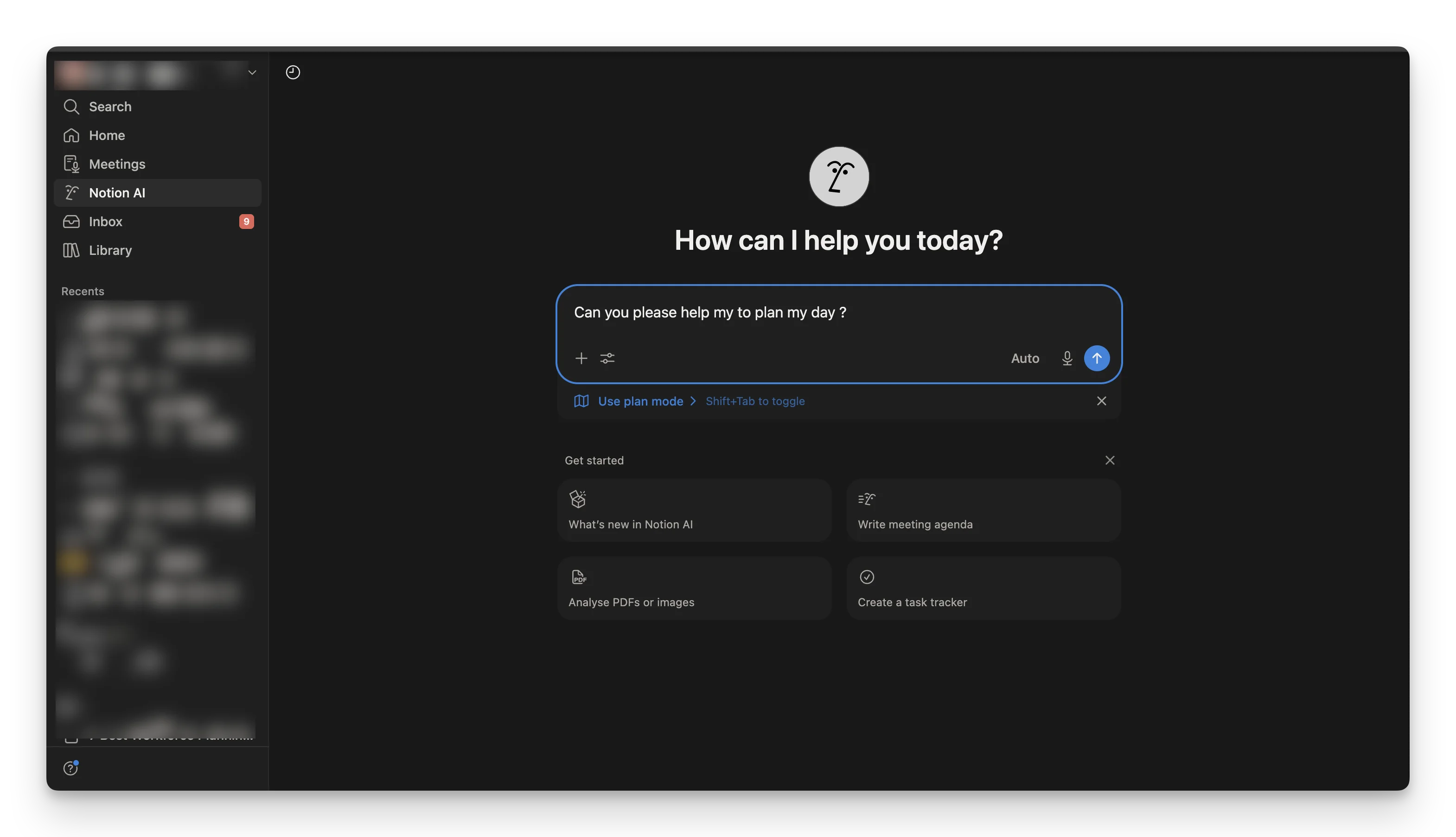 Notion AI's chat interface prompting the user for help planning their day