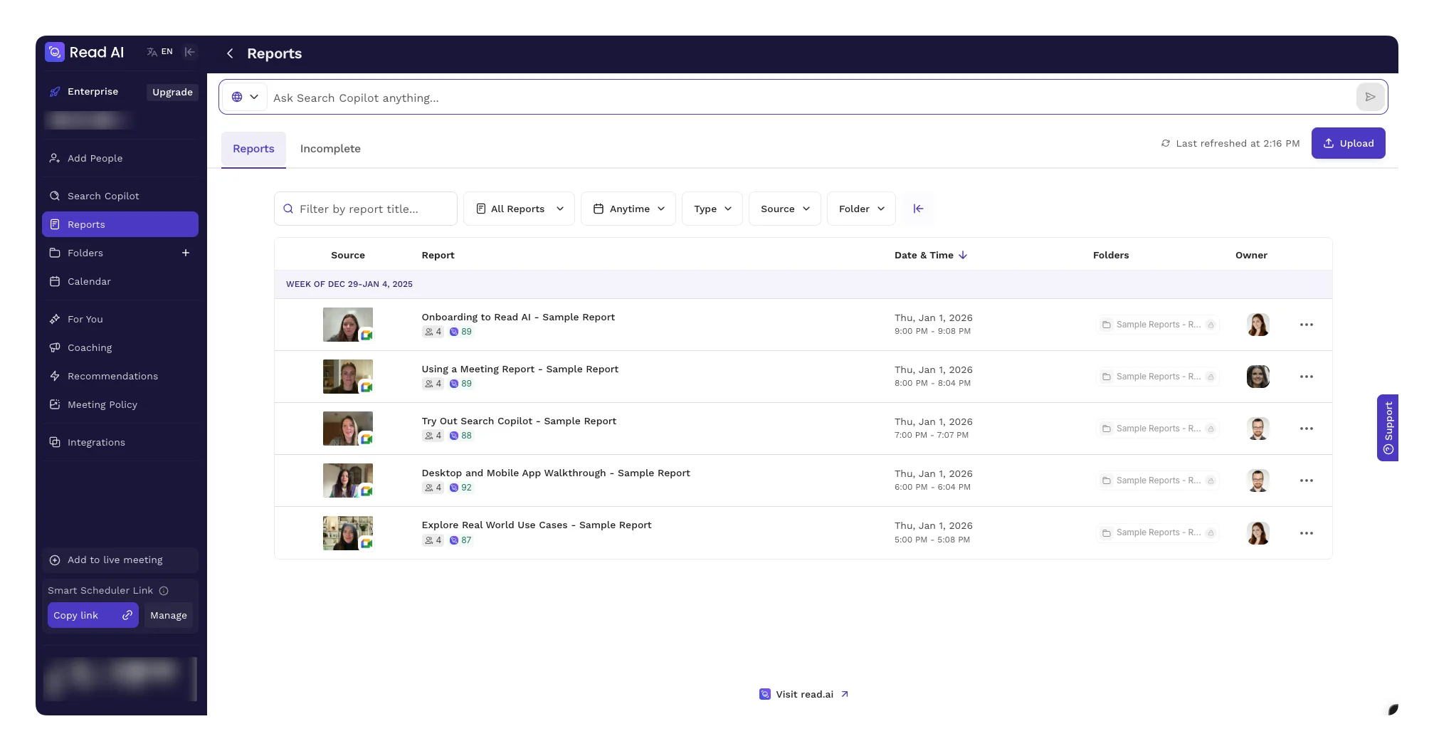 Read AI's workspace listing past meeting reports with summaries, transcripts, and action items.
