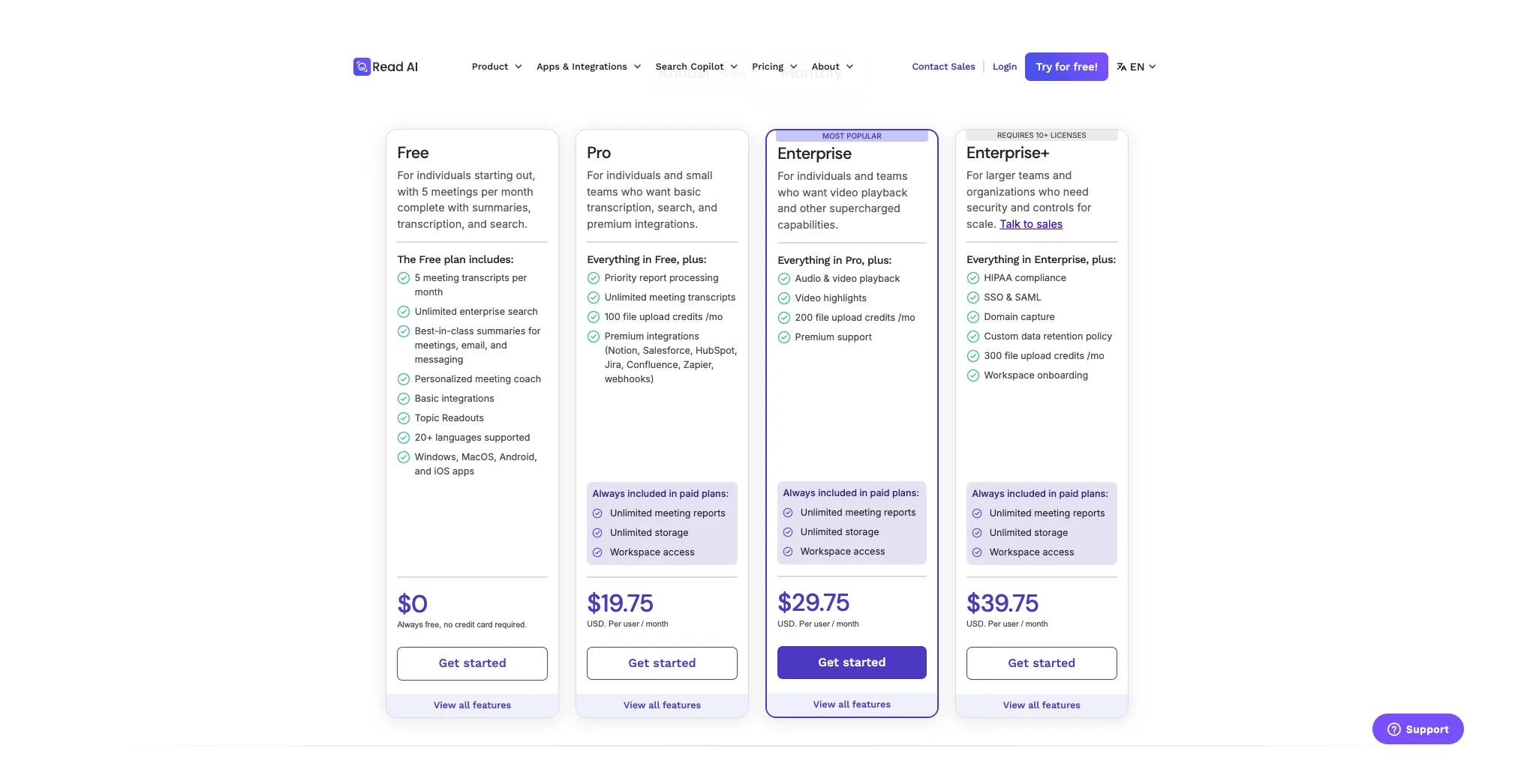 Read AI pricing page showing Free, Pro, Enterprise and Enterprise+ tiers, verified April 2026.