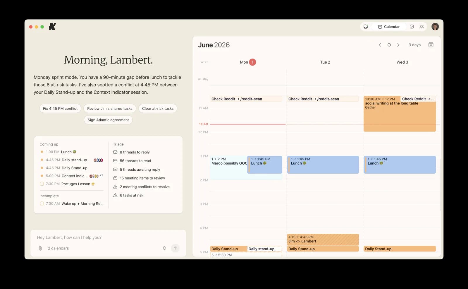 Kai's calendar view showing meetings, focus blocks, and day structure