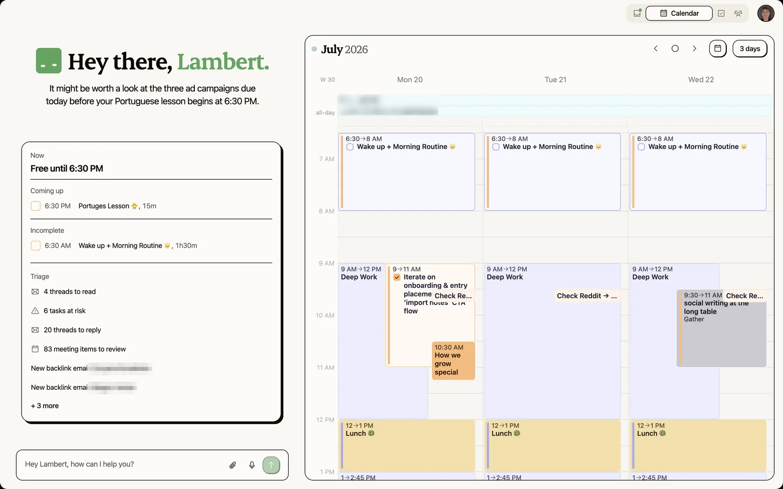Kai's calendar view showing meetings, focus blocks, and day structure