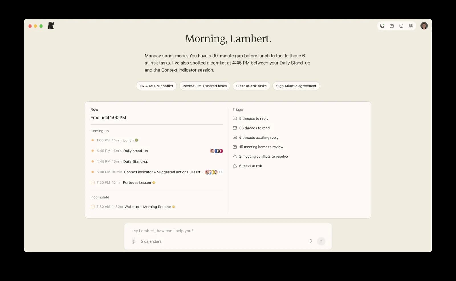 Kai's morning briefing — today's deep work block, overdue items, important emails, and an AI chat prompt