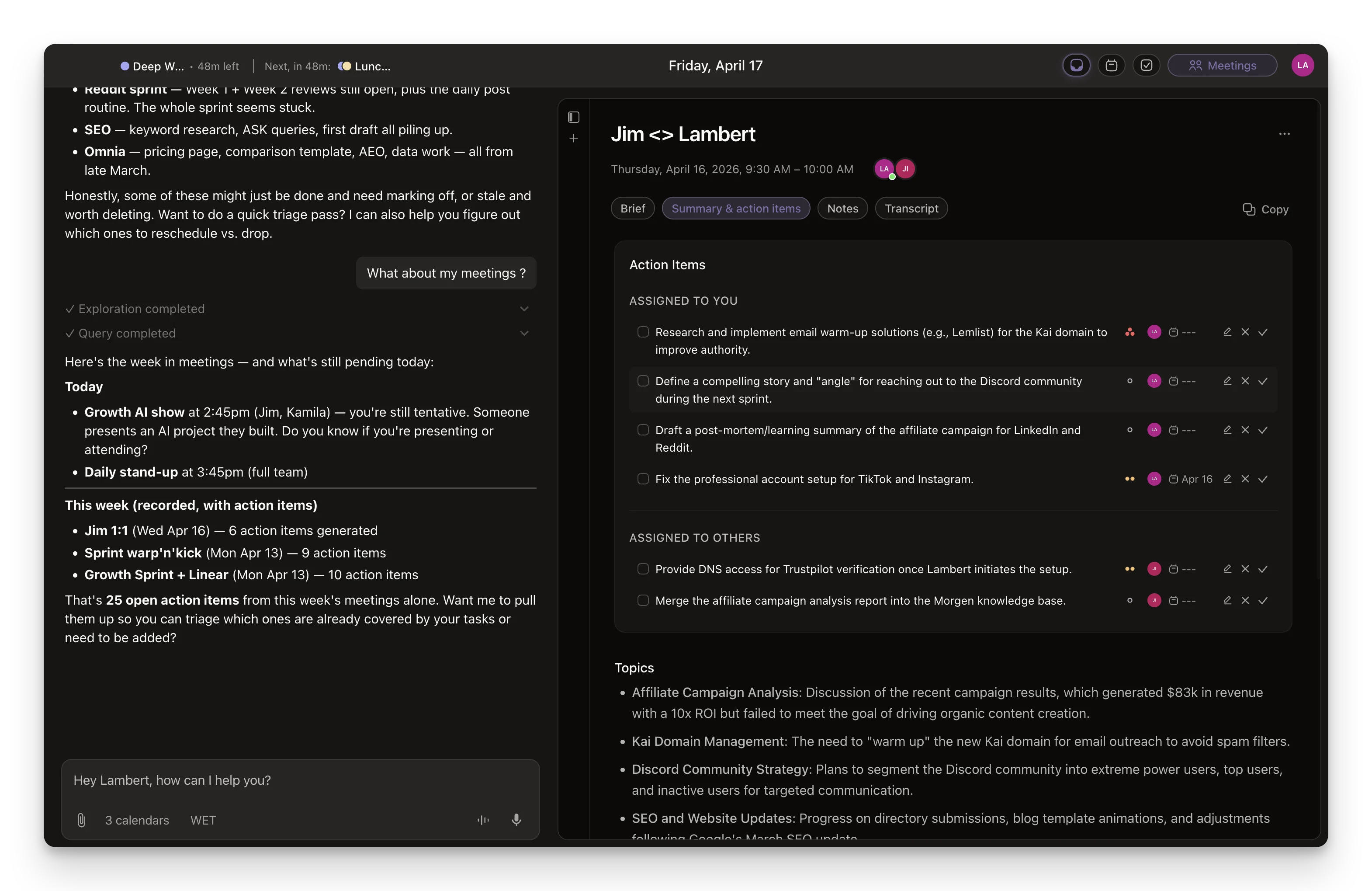 Kai's post-meeting summary with action items and follow-ups.