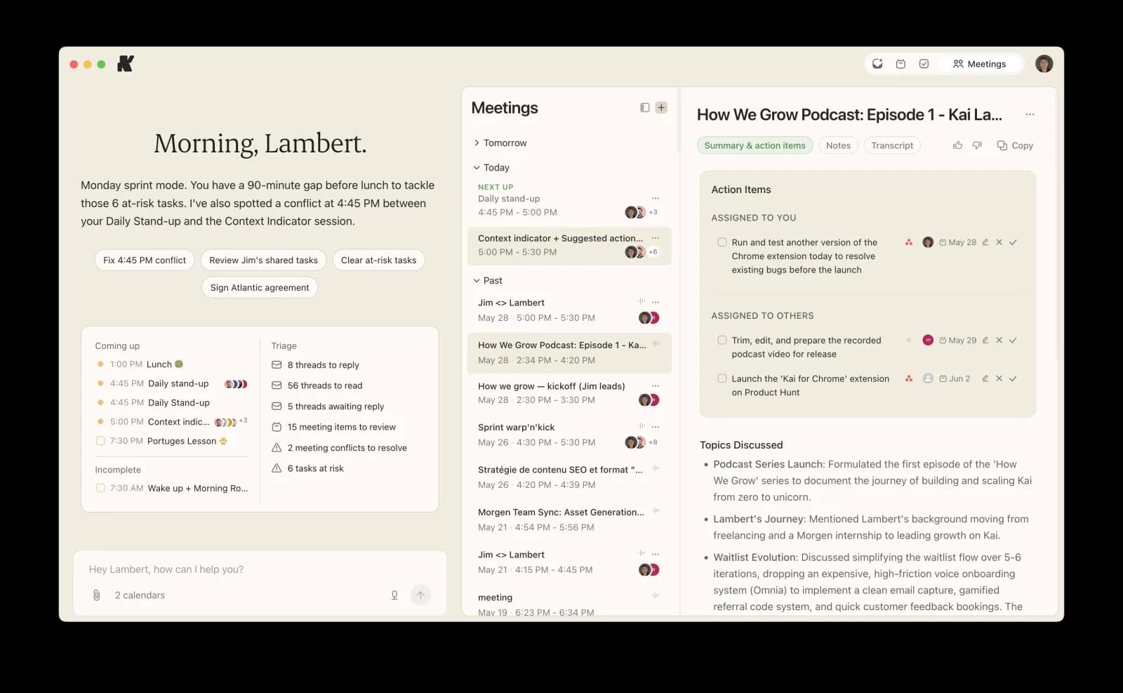Kai's post-meeting summary with extracted action items, assignees, and due dates ready to route into tasks