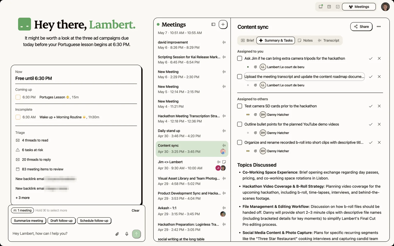 Kai's post-meeting summary with action items, decisions and follow-ups extracted from a call