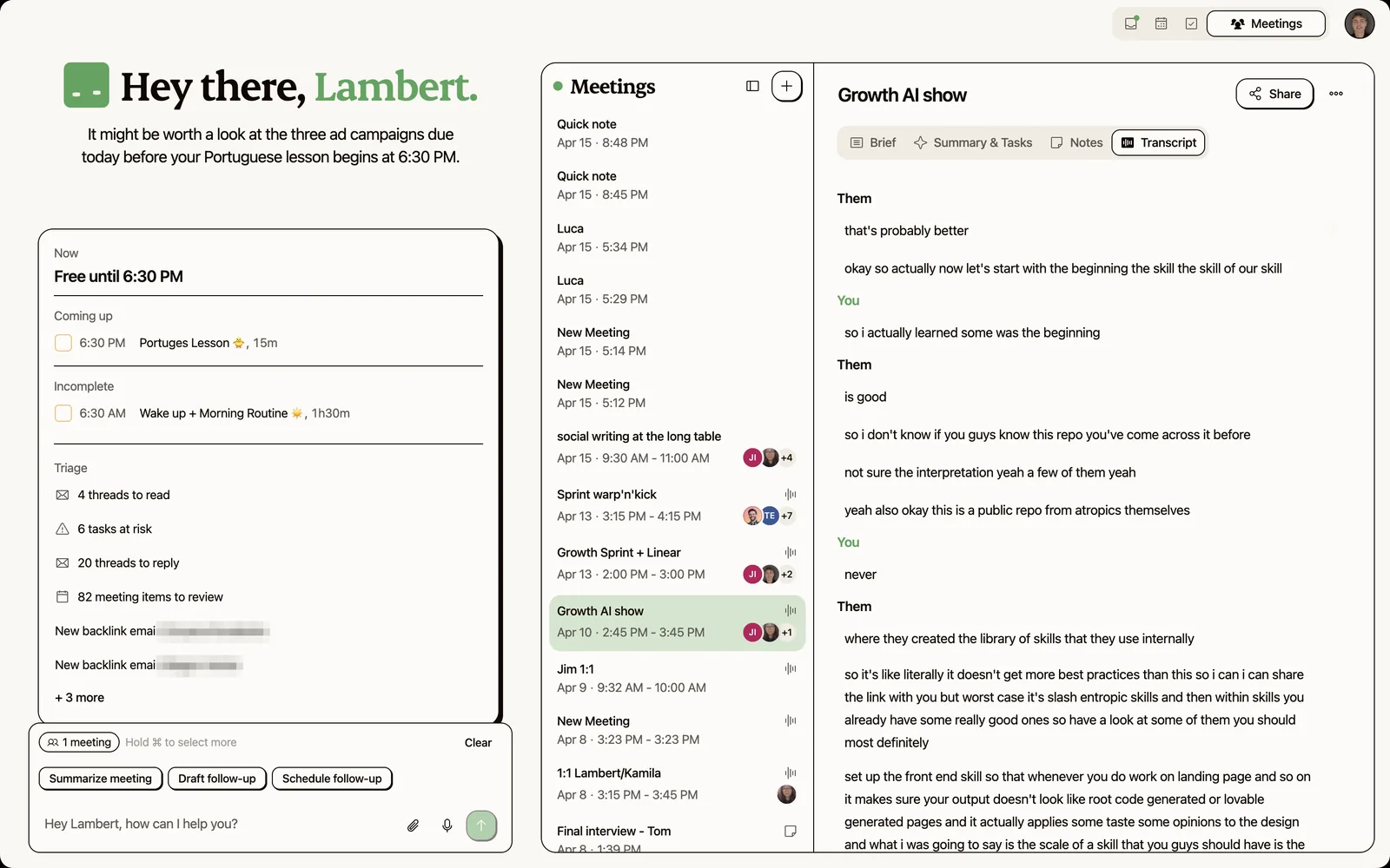 Kai capturing a live meeting transcript with speaker labels and real-time highlights