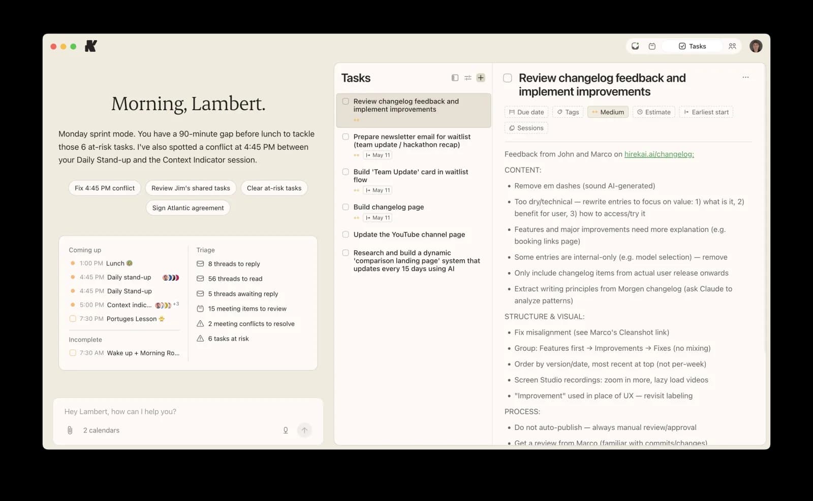 Kai's task management view with priority, assignee, and due dates