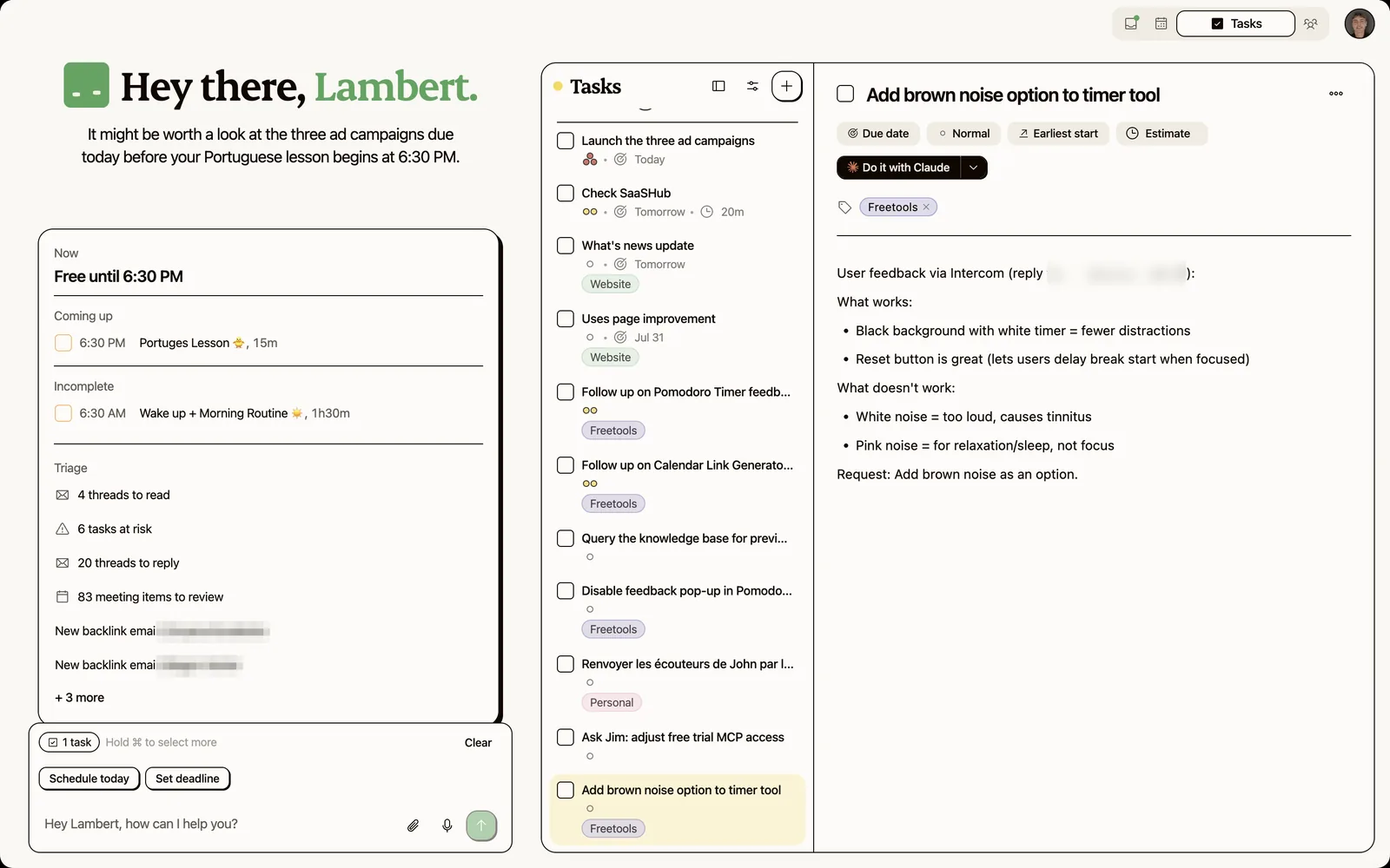 Kai's task management view with priority, assignee, and due dates