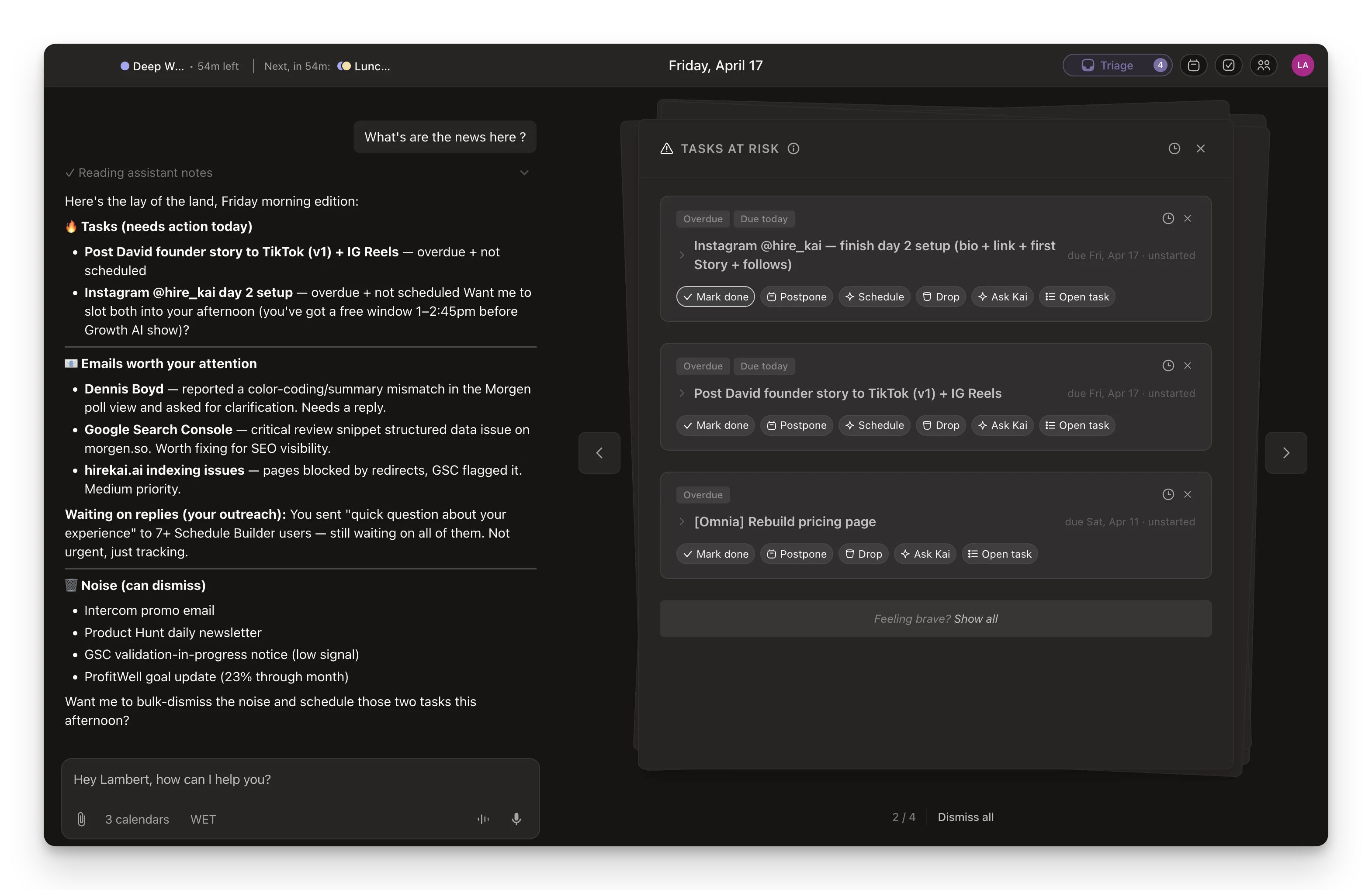 Kai's email triage with Accept, Edit, and Dismiss flow.