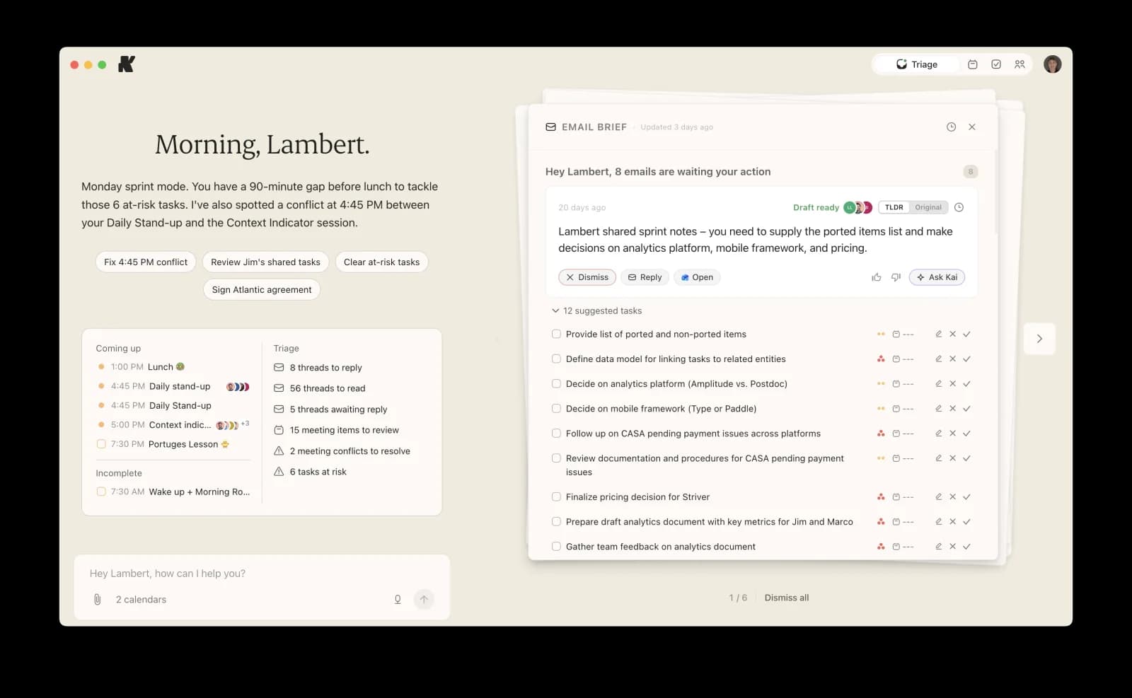 Kai's email triage view sorting the inbox into categories with a drafted reply ready to review